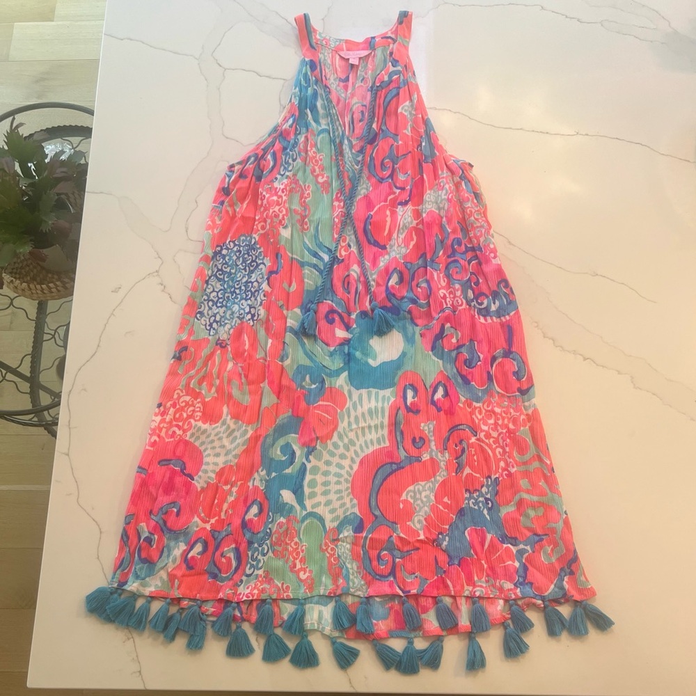 Lilly Pulitzer Pink, Aqua & Blue Printed Tank Dress with Tassel Detail
